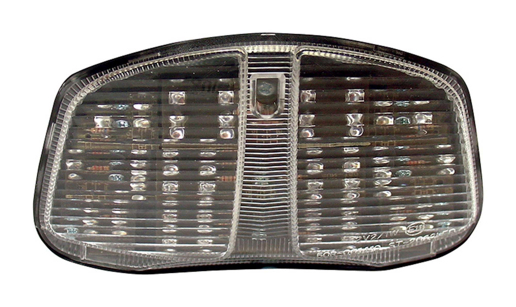 LED rear tail light with clear lens, featuring integral indicators, designed for Suzuki GSX-R600 and GSX-R750 models from 2005 to 2007, showcasing a sleek, modern design.