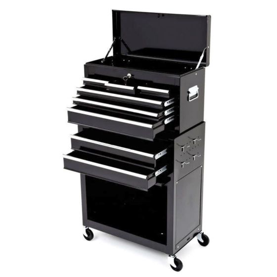 Black metal rolling tool cabinet with a top chest, featuring multiple drawers with silver handles, a lockable top, and four wheels for mobility.