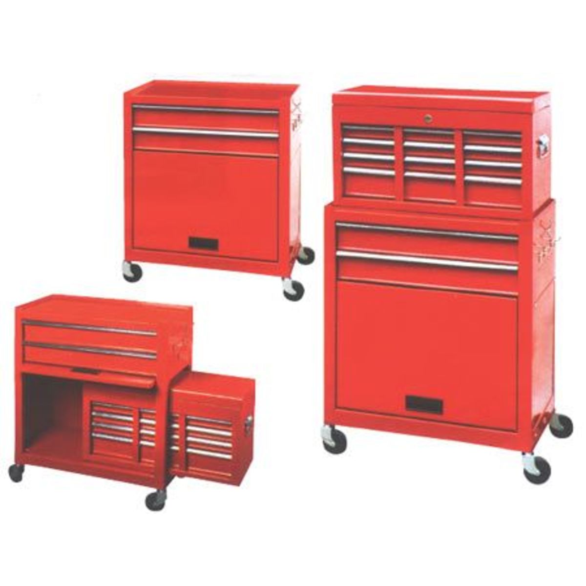 Red metal rolling tool cabinet with a top chest, featuring multiple drawers, a large compartment, and wheels for mobility, ideal for organizing tools and equipment.