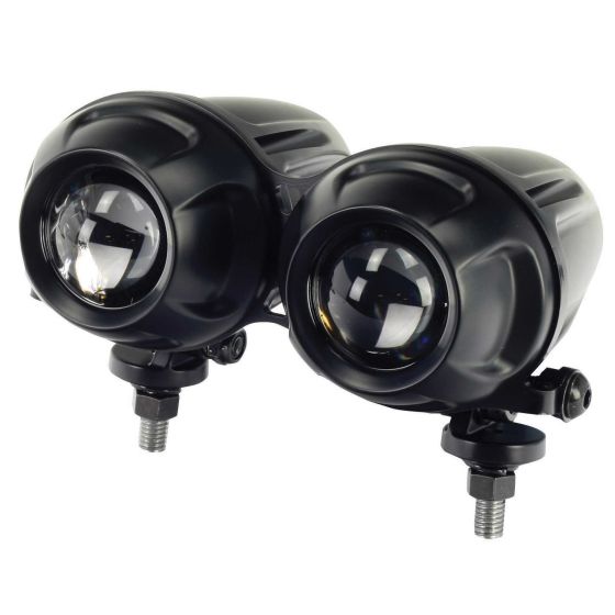 Black twin-round projector headlight with a sleek design, featuring two clear lenses and a sturdy mounting bracket for easy installation on motorcycles.