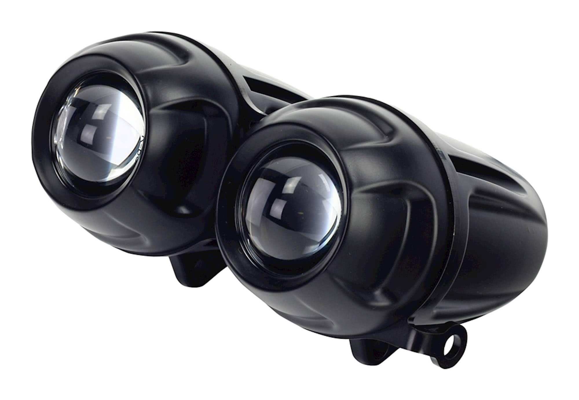 Black twin-round projector headlights with a glossy finish, featuring clear lenses and a robust design, suitable for motorcycle applications.