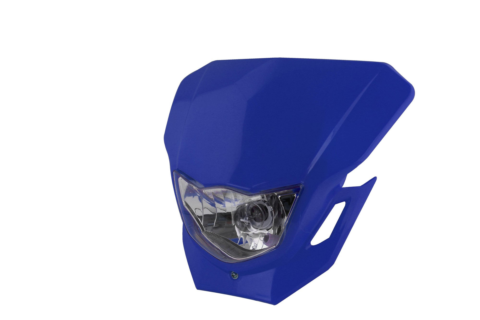 Bright blue plastic headlight with a sleek, angular design, featuring a clear lens and a 12V 35/35W bulb, ideal for motorcycles.