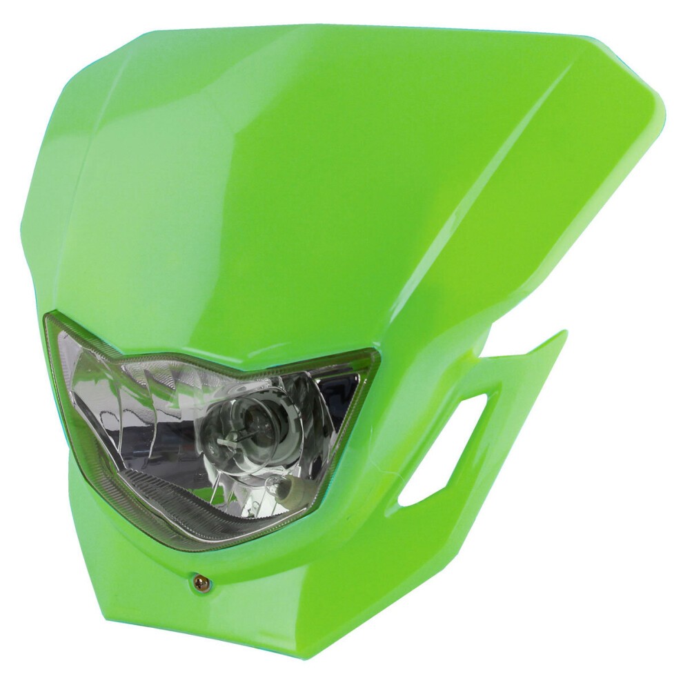 Bright green plastic headlight with a sleek design, featuring a clear lens and angular shape, suitable for 12V 35/35W applications.