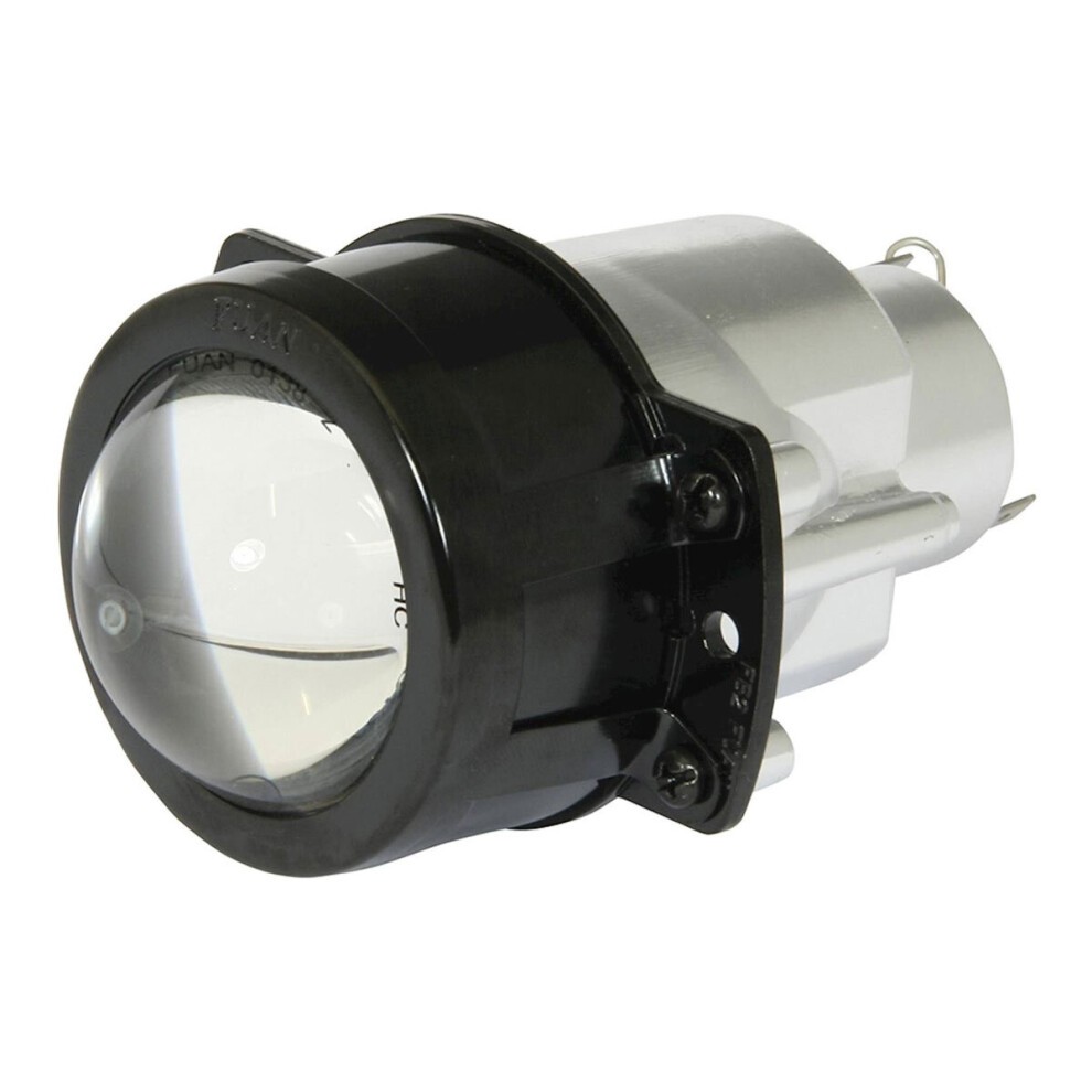 Black and silver projector headlight with a clear lens, designed for low beam, featuring an H1 bulb, 12V 55W power, and E-mark certification for road use.