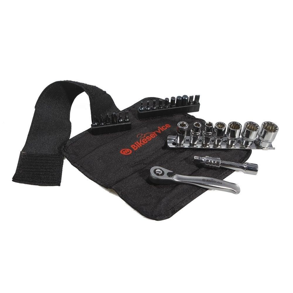 Black fabric tool pack with a velcro strap, containing various chrome-plated socket wrenches and a ratchet, featuring the BikeService logo prominently displayed.