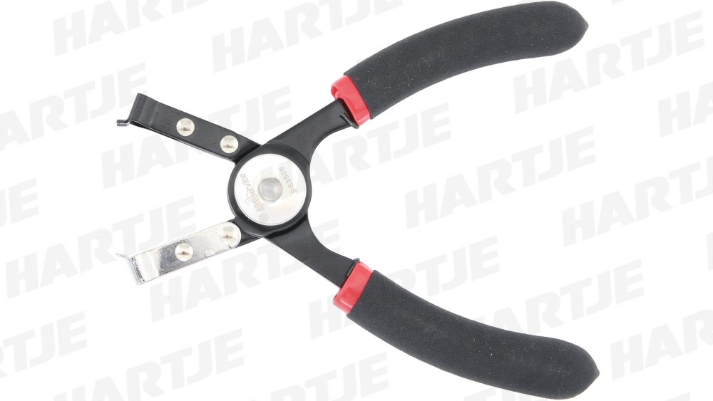 Black and red BikeService Motor Bike Chain Link Pliers with rubber grips, featuring a circular pivot and two pronged ends for easy chain link removal.