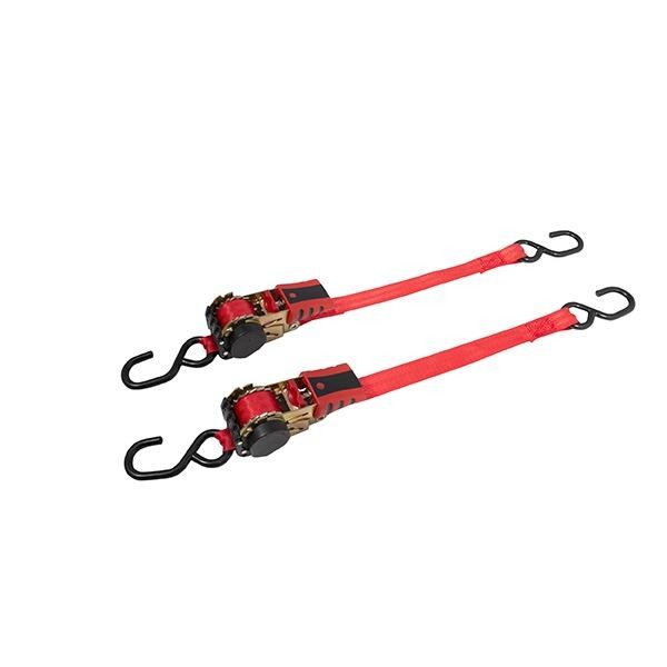 Retractable ratchet tie down set featuring two 1.8m red straps with durable black and gold ratchet mechanisms and sturdy hooks for secure fastening.