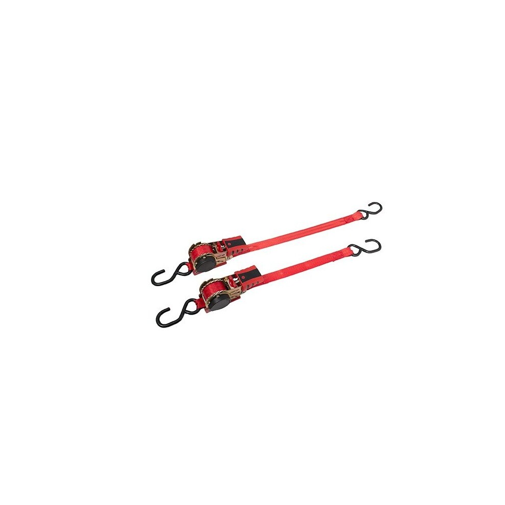 Red ratchet tie downs set by BikeService, featuring two 2.4m (8ft) straps with sturdy metal hooks for secure fastening and durable nylon material for strength.
