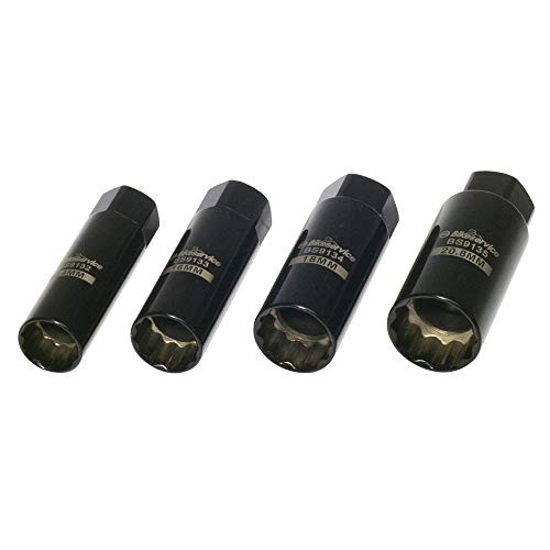 Thin wall spark plug sockets in black metal, featuring four sizes with engraved markings for easy identification, designed for 14mm spark plugs.