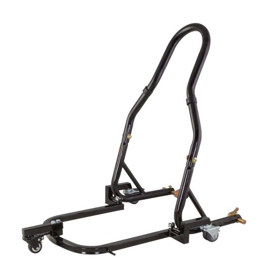 Black steel BikeTek 360 Degree Rear Floating Paddock Stand features a sturdy frame with adjustable arms, rubberized wheels for easy mobility, and a sleek design for motorcycle maintenance.