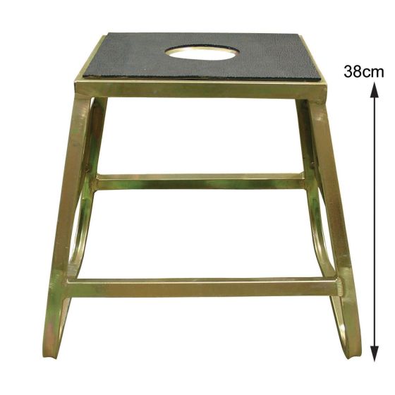 Sturdy metal bike stand with a black textured top and a circular hole, measuring 38cm in height, designed for maintenance and support of motorcycles.