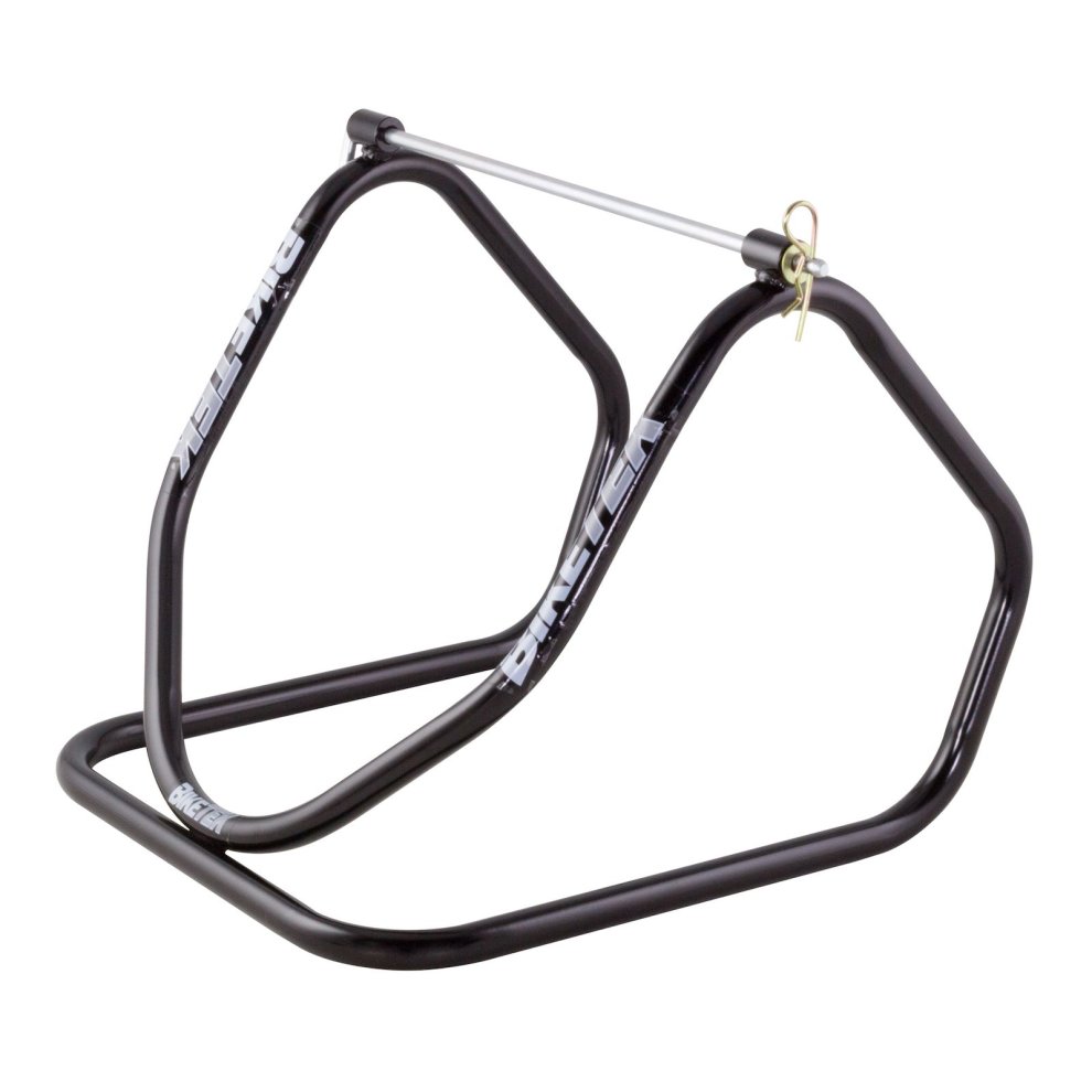 Black steel motorcycle stand with a hexagonal frame, featuring a sturdy design and a silver pin for securing the rear wheel, ideal for maintenance and storage.
