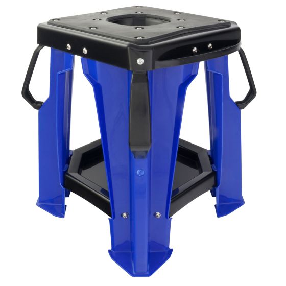 Blue motocross bike stand with a sturdy black top, featuring a hexagonal opening, reinforced legs, and side handles for easy transport and stability.