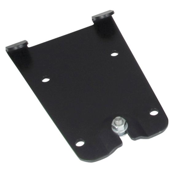 Black metal quick release base plate with rounded edges, featuring two mounting holes and a central bolt for securing an adjustable wheel chock.
