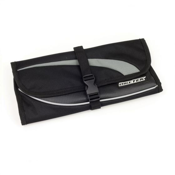 Black roll pouch made of durable fabric, featuring a grey accent stripe, secured with a buckle, ideal for tool storage and organization.