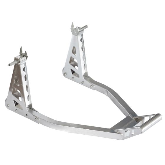 Aluminium rear paddock stand with hooks, featuring a sleek silver finish, sturdy triangular supports, and a lightweight design for easy bike maintenance.