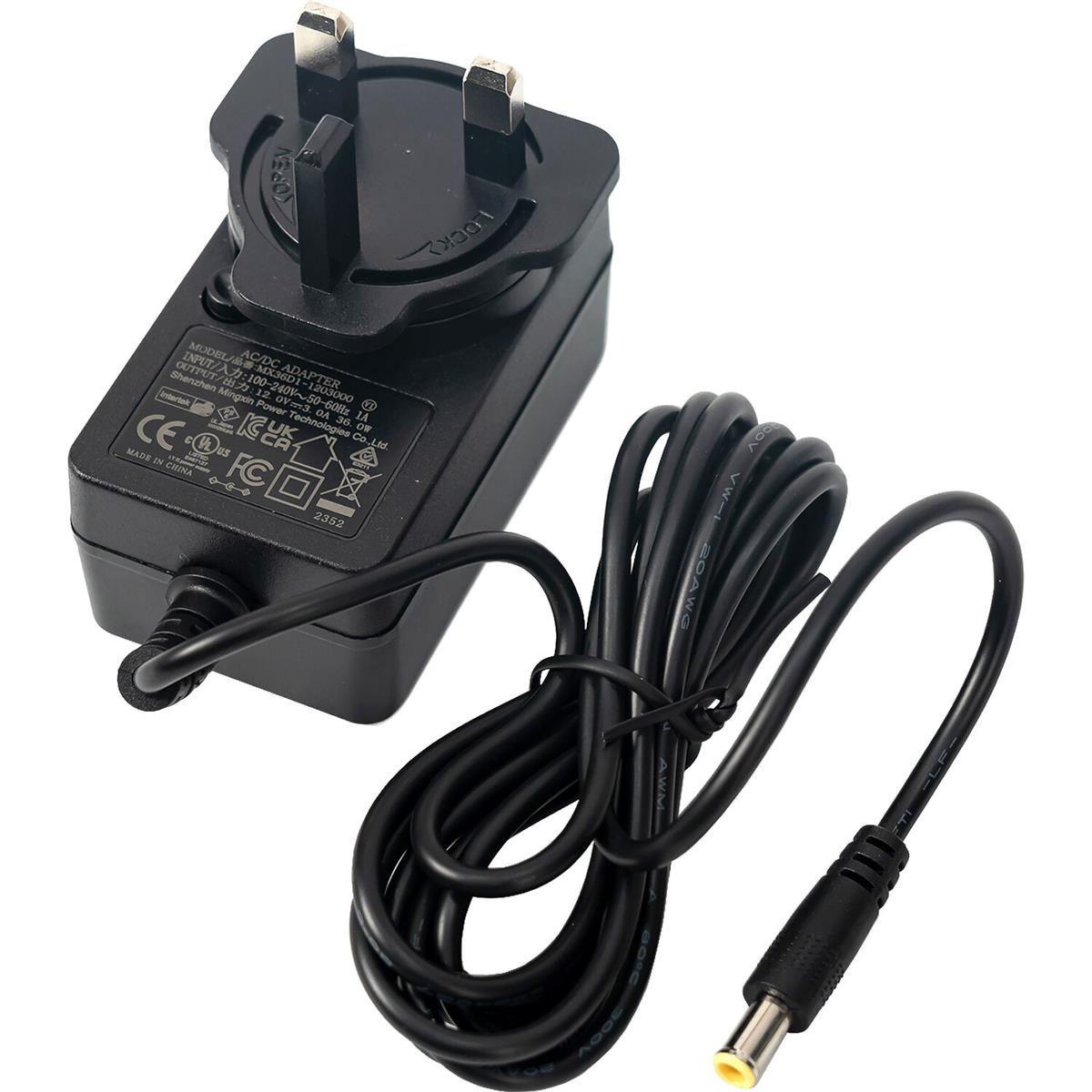 Black power adapter with a two-prong plug, featuring a 36W capacity, a long black cable, and labeled with electrical specifications and safety certifications.