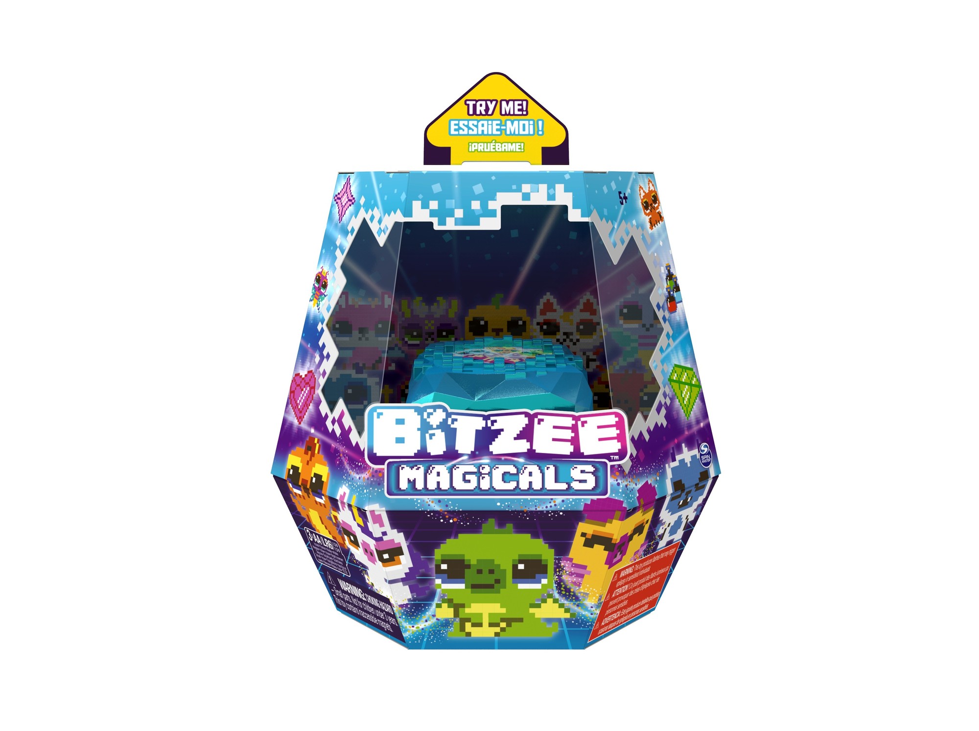 Colorful hexagonal packaging featuring the Bitzee Magicals logo, vibrant illustrations of digital pets, and a "Try Me!" label, with a blue pet toy visible inside.