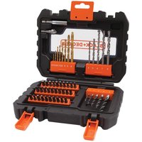 Black & Decker 50 piece accessory set in black case with orange clasps, includes drill bits and screwdriver heads.