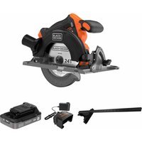 Black and Decker cordless circular saw, 165mm blade, orange and black design, with charger and accessories.