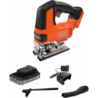 Orange and black Black and Decker cordless jigsaw with brushless motor, ergonomic handle, and included battery charger.