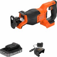 Black and Decker cordless reciprocating saw, orange and black, with brushless motor, ergonomic grip, and battery charger.