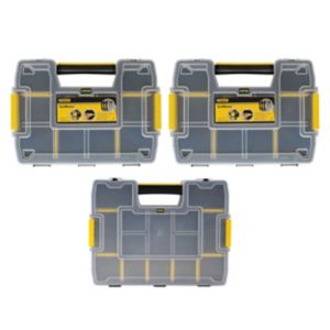 Three transparent gray plastic organizers with yellow accents, featuring multiple compartments and sturdy handles for easy transport, ideal for tool and small part storage.