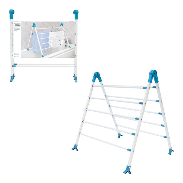 Extendable airer in white and aqua, featuring multiple drying bars, sturdy plastic connectors, and adjustable height for over-bath use, ideal for space-saving laundry drying.