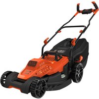 Orange and black Black + Decker lawnmower with 42cm cutting width, ergonomic handle, and large rear wheels.