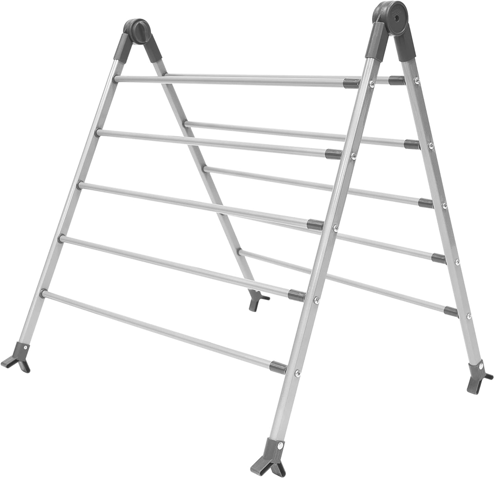 Extendable grey airer by Black + Decker, featuring a sturdy aluminum frame with multiple drying racks and adjustable height for over-bath use.
