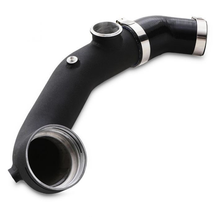 Black intake pipe with a smooth, curved design, featuring silver metal clamps and a polished metal inlet, compatible with BMW 1 Series and 3 Series models from 2007 to 2012.