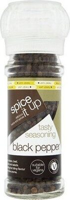 Clear plastic shaker bottle with a white cap, containing whole black peppercorns, labeled "Spice It Up Tasty Seasoning Black Pepper" in brown and white text.