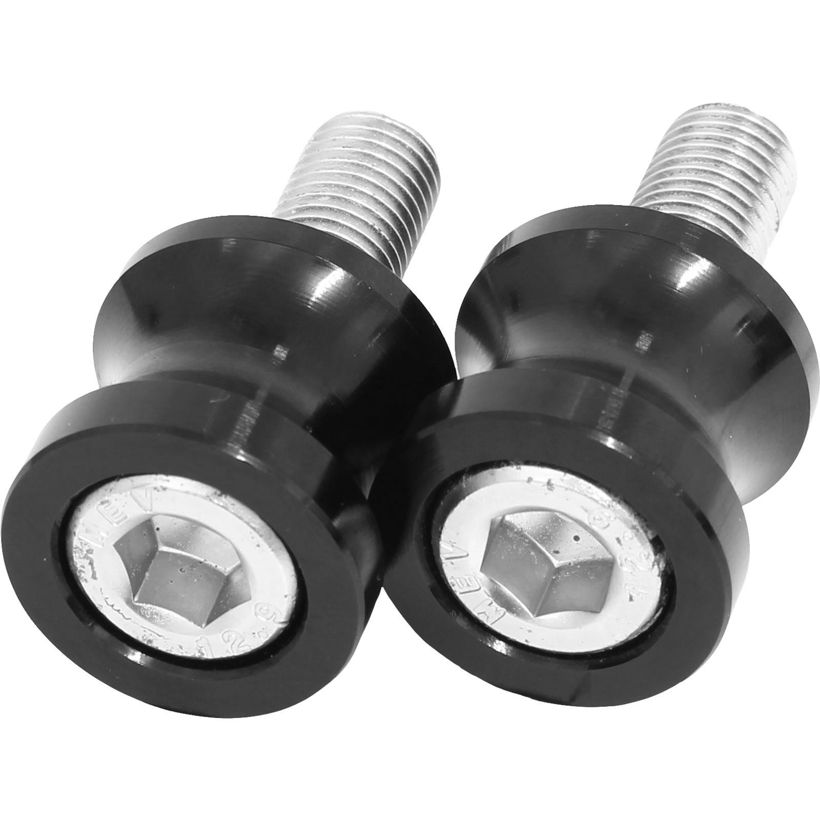 Black CNC aluminium bobbins with a 10mm x 1.25 threading, featuring a smooth, glossy finish and a hexagonal socket for easy installation.