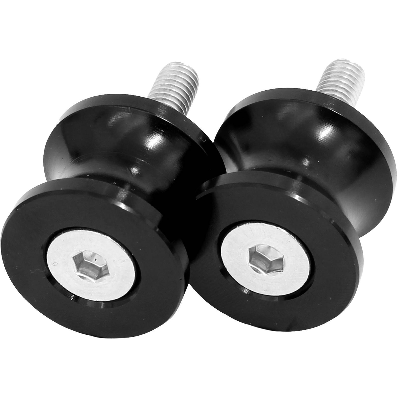Black CNC aluminium bobbins with a 6mm screw, featuring a sleek black finish and a silver hexagonal insert, designed for durability and performance.