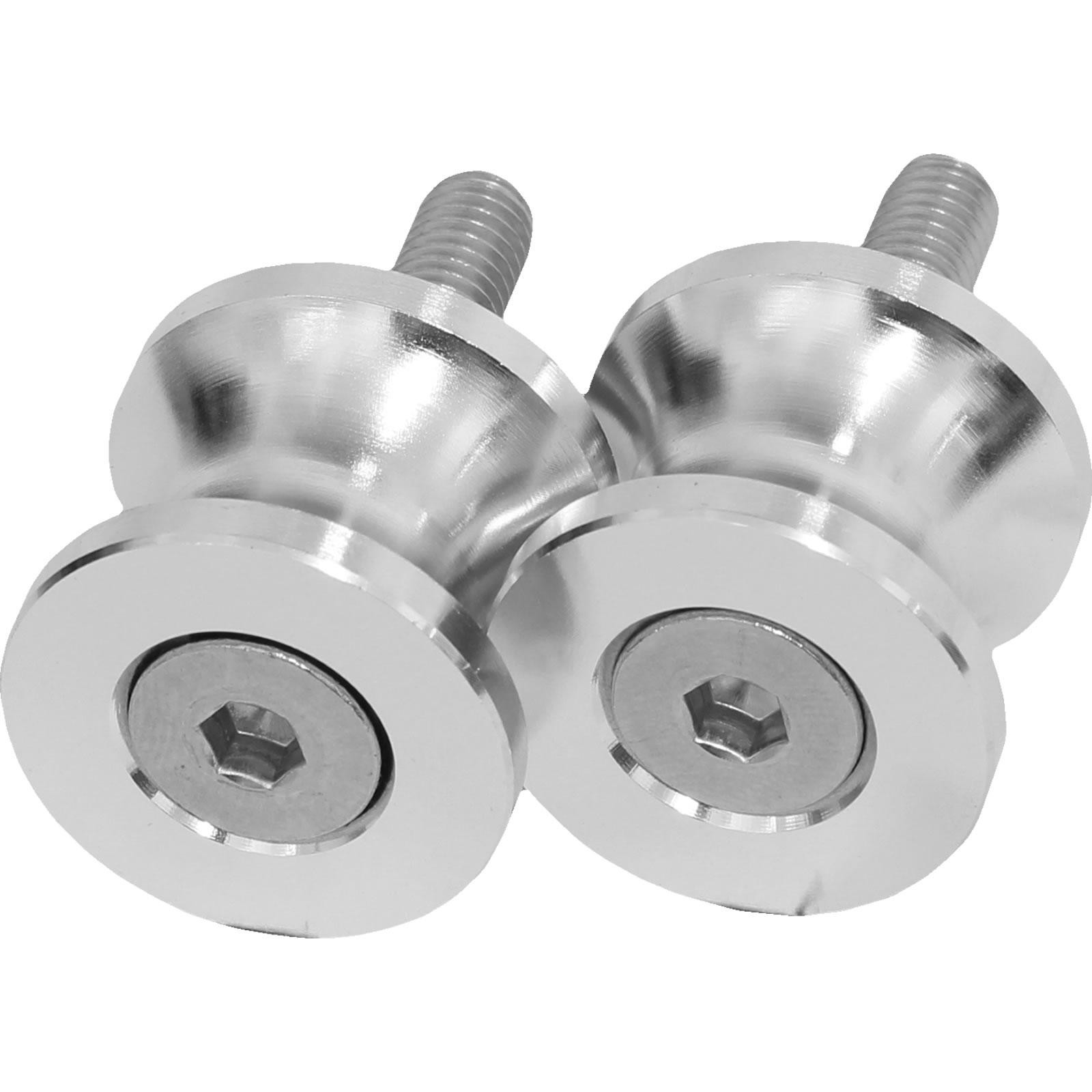 Black Pro Range CNC aluminium bobbins in silver, featuring a sleek design with a hexagonal socket and a 6mm screw, ideal for motorcycle applications.