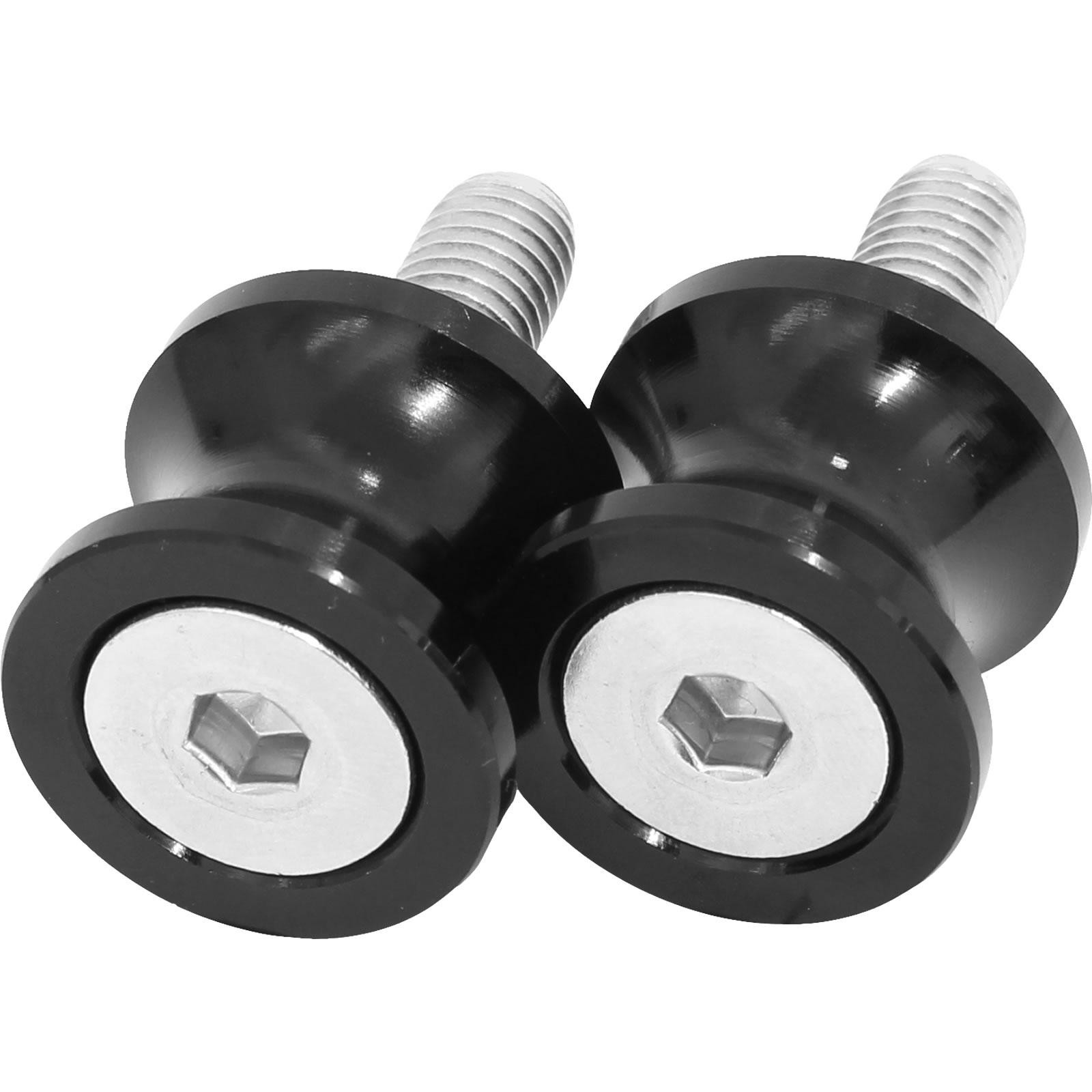 Black CNC aluminium bobbins with an 8mm screw, featuring a sleek black finish and silver hexagonal center, designed for durability and performance.