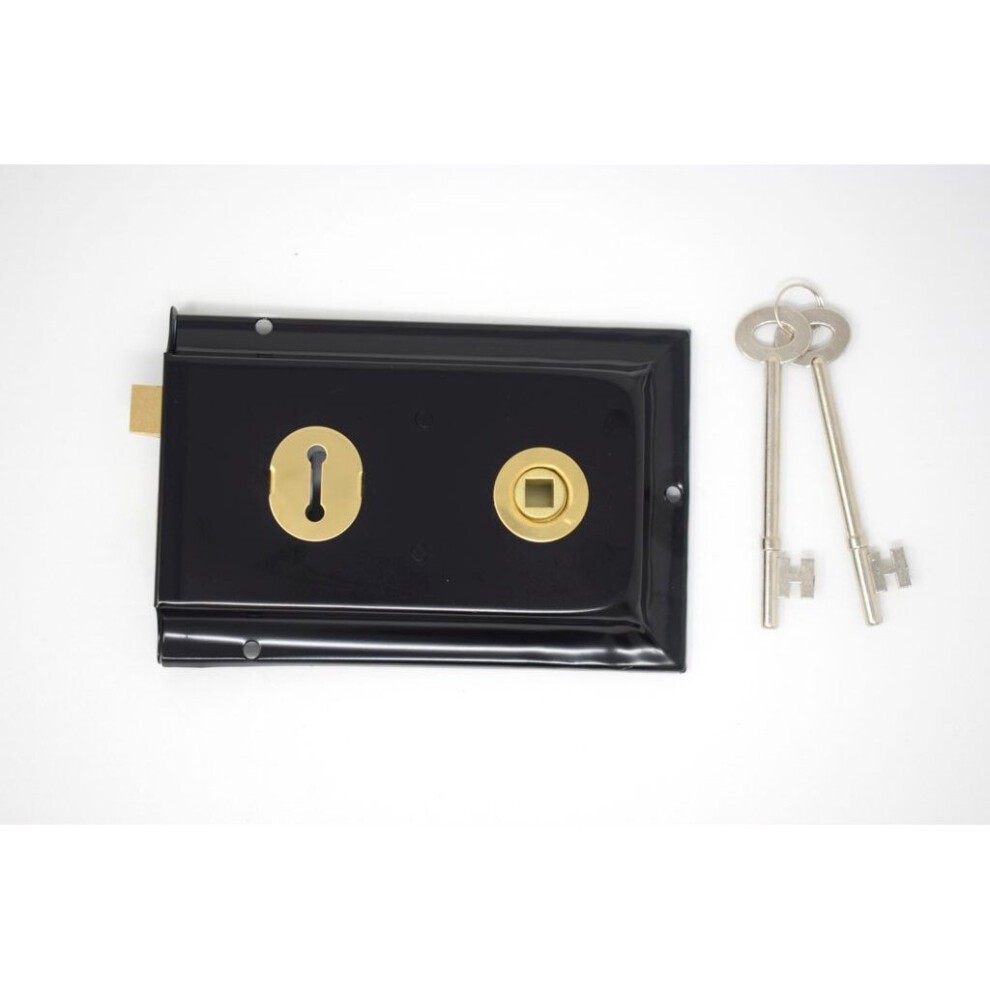 Black Yale Essentials Rim Deadlock featuring two levers, a gold keyhole and square socket, accompanied by two silver keys.