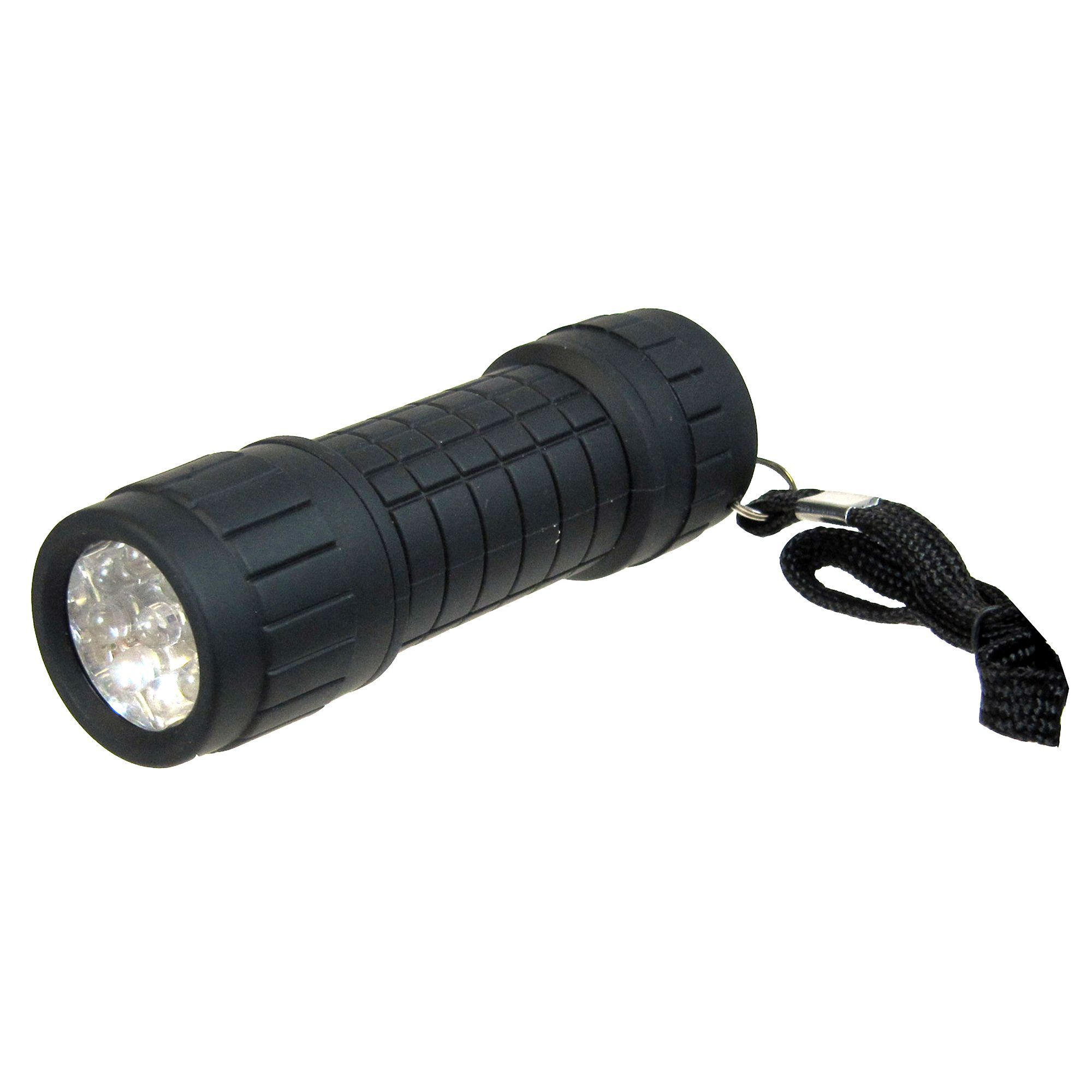 Black plastic LED torch with a textured grip, featuring a round head with multiple LED bulbs and a wrist strap for easy carrying.