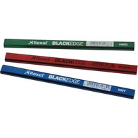 Assorted Blackedge carpenters pencils in green, red, and blue with hardness labels and branding.