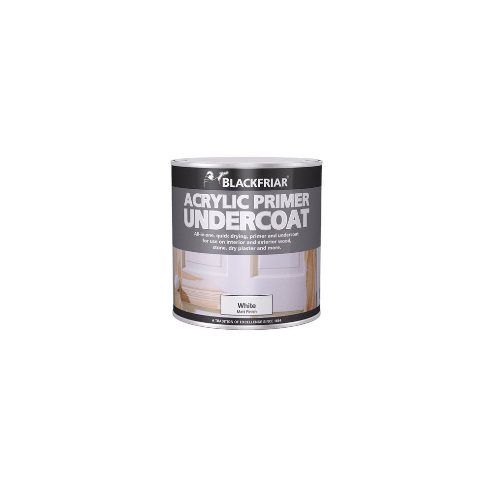 White acrylic primer undercoat in a cylindrical can with a black label, featuring bold text stating "BLACKFRIAR ACRYLIC PRIMER UNDERCOAT" and a white color swatch.