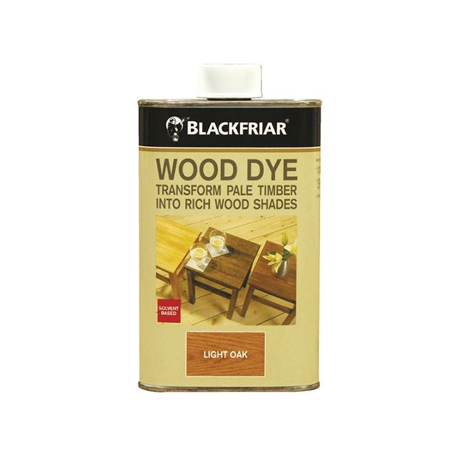 Blackfriar Wood Dye in a metal can, labeled "Light Oak," features a beige background with text highlighting its ability to transform pale timber into rich wood shades.