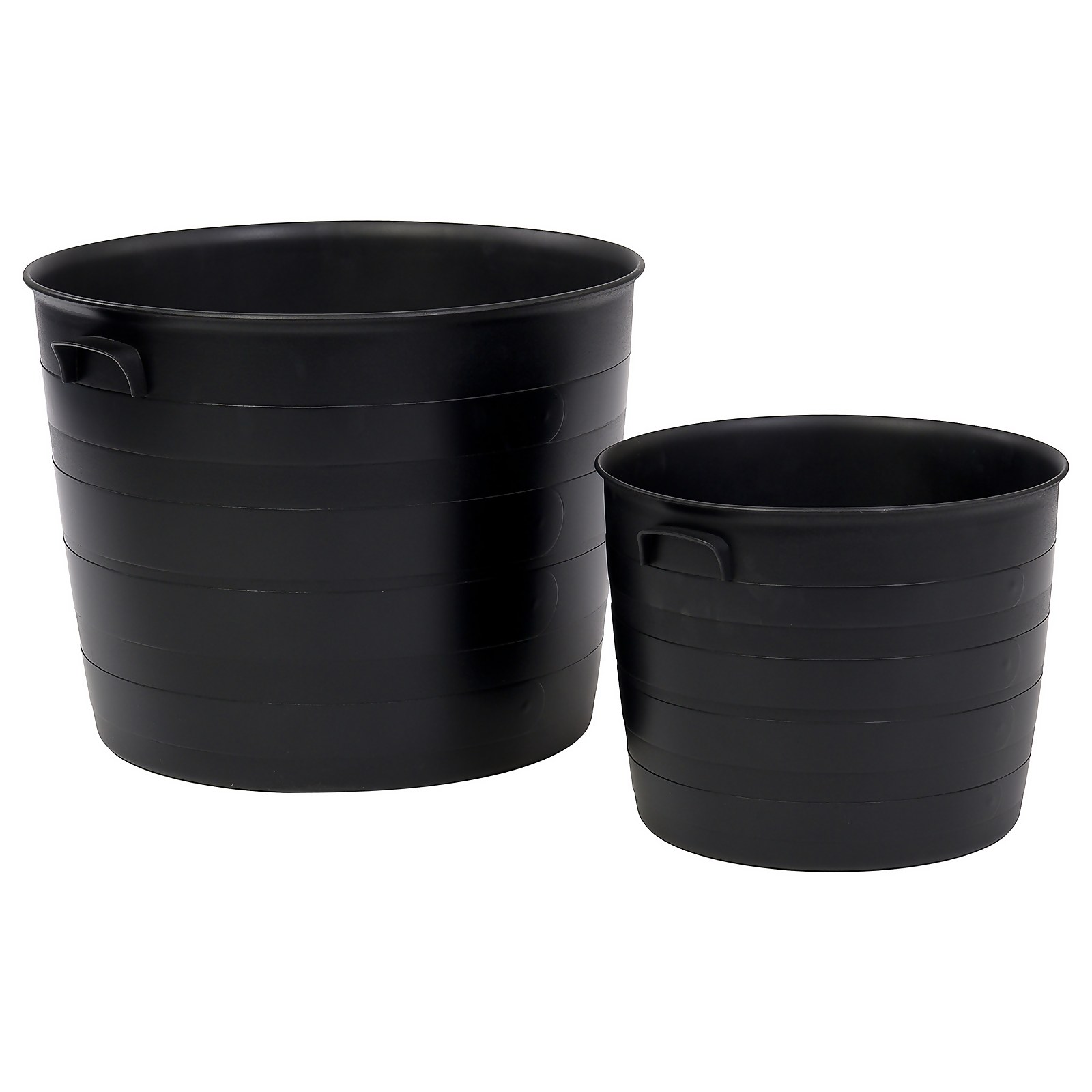 Black round patio planter set in black, made from durable plastic, featuring a smooth finish and two sizes with side handles for easy transport.
