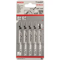 Bosch T144Df jigsaw blades 5-pack for wood, featuring silver blades with black text in clear plastic packaging.