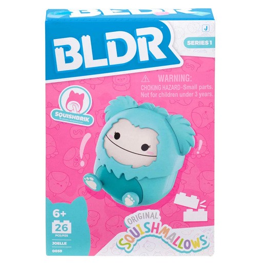 BLDR Squishmallows Joelle the Bigfoot Construction Set features a teal and white plush Bigfoot character in a colorful box with a pink background and playful graphics.