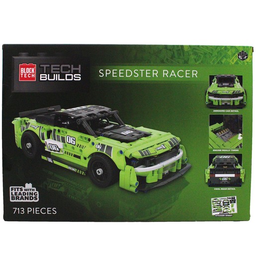 Green and black Speedster Racer car construction set with 713 pieces, featuring detailed engine, racing decals, and a sleek design, compatible with leading brands.