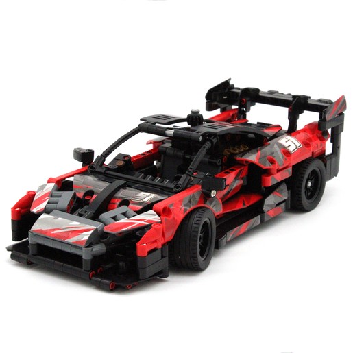 Red and black construction set featuring a detailed supercar racer design with sleek lines, a prominent rear wing, and intricate wheel details.