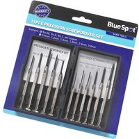 Blue Spot 11 Piece Precision Screwdriver Set with slotted and Phillips tips in a blue and black packaging.