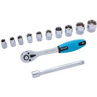 BlueSpot 11 piece hex socket set with blue-handled ratchet, silver extension bar, and metric sockets.