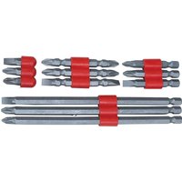 BlueSpot 12 Piece Screwdriver Bit Set with silver bits and red plastic holders, includes various lengths and types.