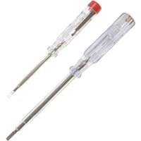 Clear BlueSpot voltage tester screwdriver set with transparent handles and metal tips, one with a red cap.